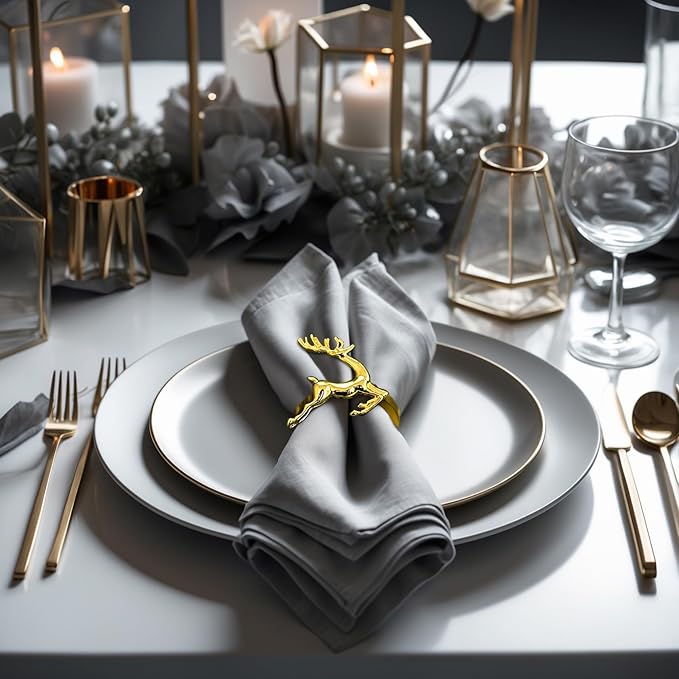 Decozen Set of 16 Gold Napkin Rings in Stag Design Festive Table Decor Setting for Holiday Wedding, Birthday, Kitchen, Home Decor Housewarming Gift - Thanksgiving & Christmas Gift Decoration