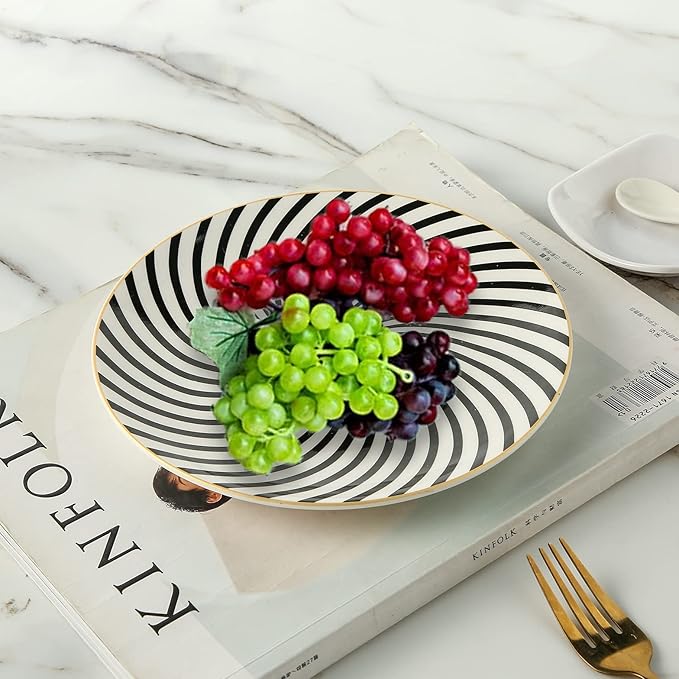 8 Inch Set of 4 Assorted Designs, Porcelain Plates With Patterns,Black Ceramic Dessert Plates, Dishware with Golden Rim for Sandwiches Salad Pasta, Microwave Oven Dishwasher Safe (A)