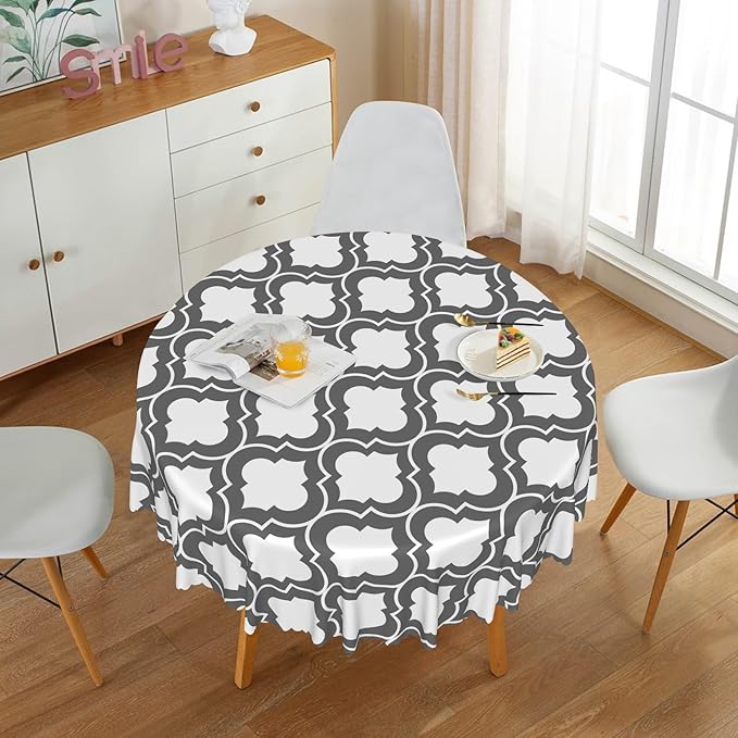 Laeacco 42 Inch Morocco Round Tablecloth Grey White Geometric Lattice Modern Abstract Art Print Table Cloth Washable Waterproof Wrinkle Free Table Cover for Kitchen Dining Picnic Party Decoration
