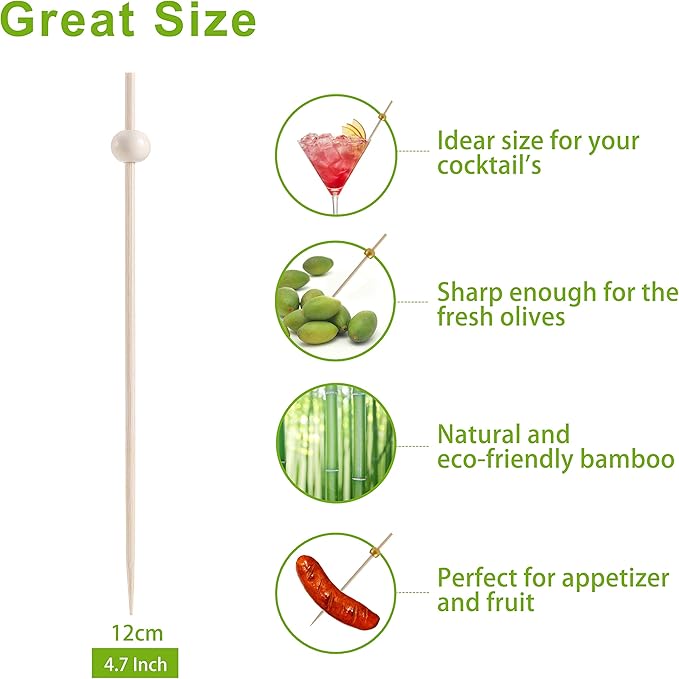 200 Pcs Cocktail Picks, 4.7 Inch Toothpicks for Appetizers, Bamboo Cocktail Sticks Skewers for Drinks, Desserts, Charcuterie, Wedding Party Fancy Toothpicks, Natural Pearl Mini Food Picks Decorative
