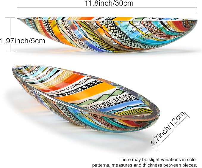 Ca D Oro Murano Style Small Decorative Bowl and Centerpiece Boho with Colored Canes Hand Blown Art Glass Crystal for Home and Room Decoration - 50 MS