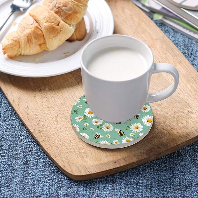 Coasters for Drinks Coaster Drink Set Decorative Coffee Table Desk Cup Mat Spring Cute Cork Bar Backing Round Home Decor Mint Green Daisy Flowers and Bees25