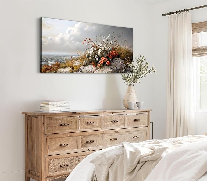ADJUVANT Wall Art Vintage Coastal Floral Scene 60"L x 30"W, Seaside Wildflowers By The Ocean Canvas Painting Nature Artwork Coastal Blooms Prints Botanic Decor for Living Room Bedroom Bathroom Home Office