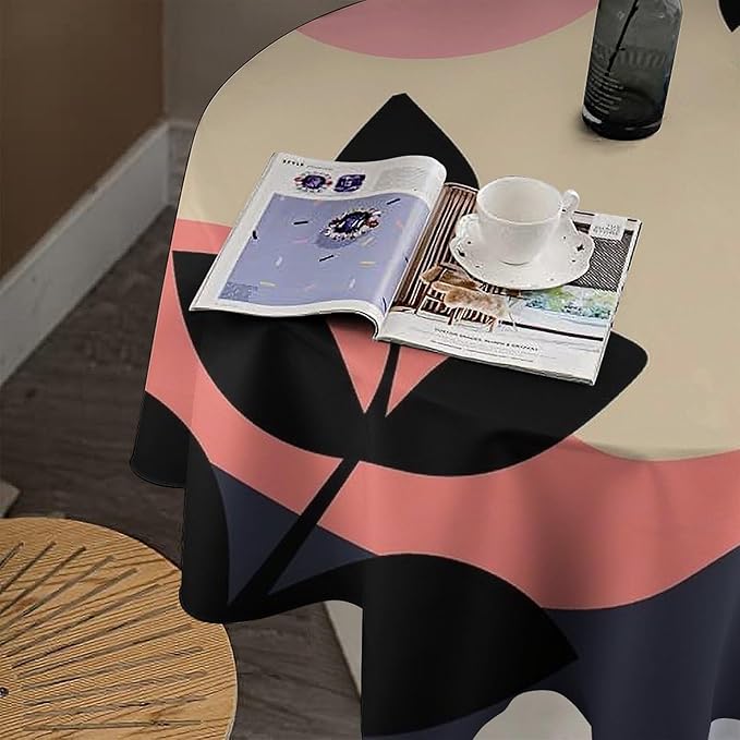Medieval Bohemian Abstract Round Tablecloth, Mid Century Modern Leaves Geometric Tablecloth for Home Party Dining Room Kitchen Decor 50Inch(127cm)