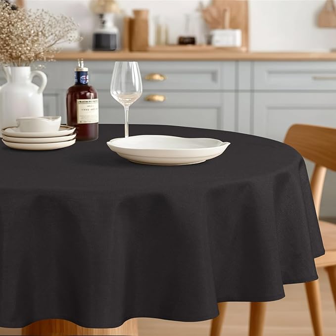 JIUZHEN Round Tablecloth Linen Textured Wrinkle Stain Resistant Farmhouse Table Cloth Decorative Fabric for Kitchen, Dining, Party, Wedding,Outdoor Use,108 Inch Round,Black