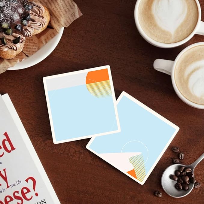 MAYCARI Abstract Sun Coasters Set of 6 Cork Backed Artistic Coasters with Metal Holder Minimalist Aesthetic Ceramic Surface Drink Cup Mats for Tabletop Protection Modern Desk Decoration Birthday Gifts