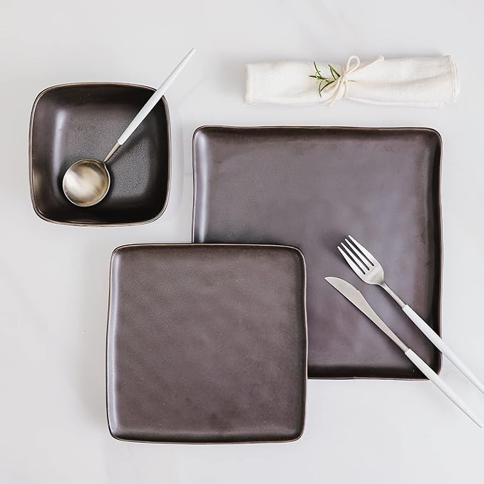 Stone Lain Jonny Stoneware 12 Piece Dinnerware Set, Home Kitchen Modern Square Dish Set with Dinner Plates, Salad Plates, & Bowls, Brown