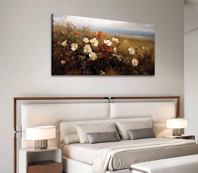 ADJUVANT Wall Art Vintage Coastal Wildflower Field 60"L x 30"W, Seaside Meadow With White And Orange Blooms Canvas Painting Nature Artwork Retro Floral Prints Botanic Wall Decor for Living Room Bedroom