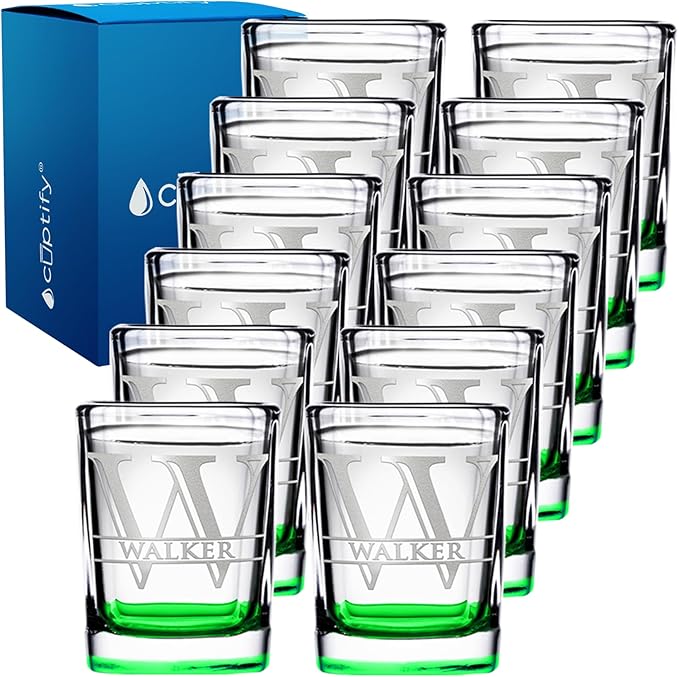 Personalized Square Shot Glasses Set of 12 Green Bottom 2oz Engraved Initial and Name Custom Gifts, Weddings, Birthdays, Party, Event, Decorations