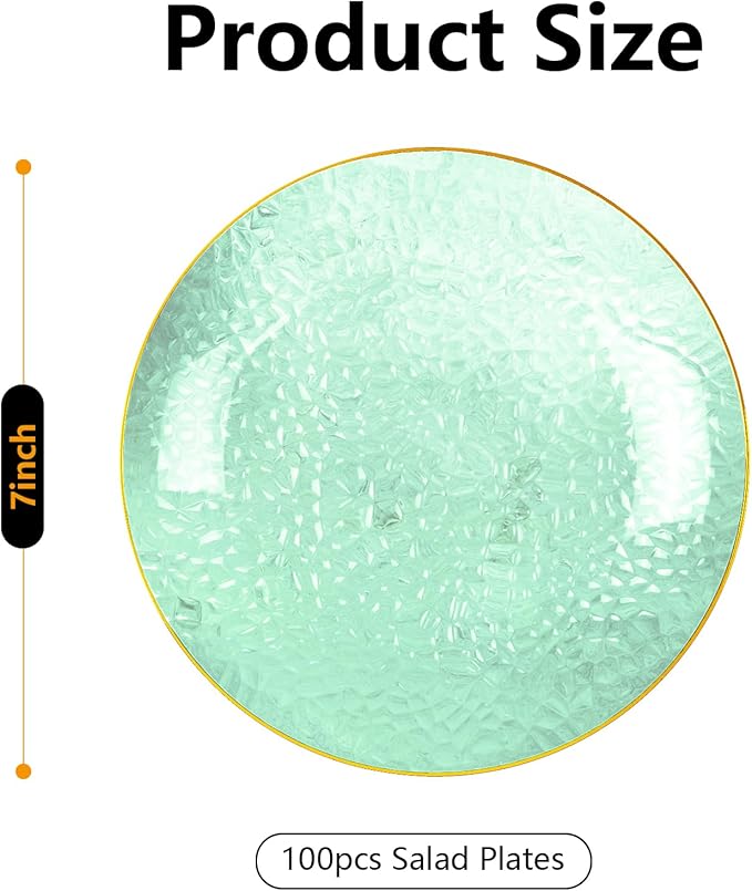 Rubtlamp 100 Pcs Clear Green Plastic Plates, Gold Hammered Plastic Salad Platos, Green Disposable Platos With Gold Rim,7 Inch Dessert Platos Disposable, Dessert Appetizer Platos