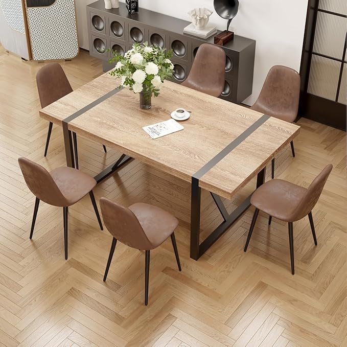 Dinner Table Set for 6, Modern 71'' Rectangle Wood Dining Table and Fabric Chairs Set of 6,Dining Table Set for 6 with Chairs, Ideal for Kitchen Dining Room