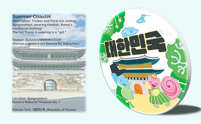 Cute Coasters Set of 4, Korean Home Decor,Traditional Palace and Seoul Tower Theme, Cute Style Coaster for Coffee Table, 4.25 Inches, Coasters with Gold Holder, Doggie, Chipmunk