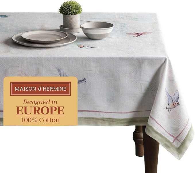 Maison d' Hermine Table Cloth Square Table 100% Cotton 60 x 60 Inches Tablecloth Reusable Decorative for Dining Room Farmhouse Home Valentines Day Decorations Spring Summer - Flying Birds