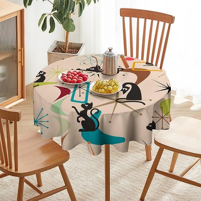 Mid Century Black Cat Round Tablecloth, Bohemian Modern Colorful Abstract Geometric Retro Art Bohemian Tablecloth for Home Party Dining Room Kitchen Decor 36Inch(90cm)
