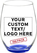 DISCOUNT PROMOS 100 ARC Stemless Wine Glasses Set, 21 oz. - Customizable Text, Logo - Chardonnay, Cabernet, Merlot, Sauvignon - Blue