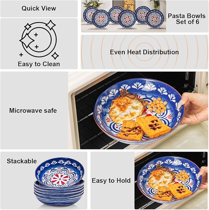 Yeacccng Pasta Bowls Set of 6, 35 Oz Ceramic Large Salad Bowl, 8.5 Inch Colorful Serving Bowls for Kitchen, Dishwasher & Microwave Safe, Scratch-Resistant, Lead-Free (Blue*6)