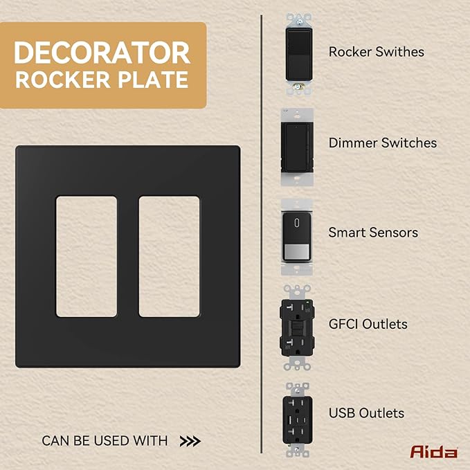 AIDA 2-Gang Decorative Wall Plates, 4.88" H x 4.94" L - Unbreakable Thermoplastic Faceplate Cover for Outlets and Switches, UL Listed - (10 Pack, Matte Black)