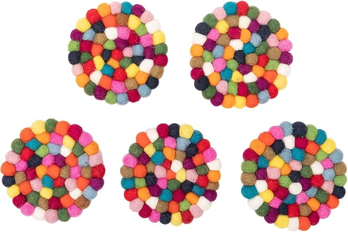 Round Felt Ball Coasters - 100% Merino Wool Table Coasters - Felt Coaster Pads, Absorbent Trivet for Drinks - Heat Resistant, Thick & Durable Hand Felted in Nepal by Woolygon- Multicolor - Set of 5