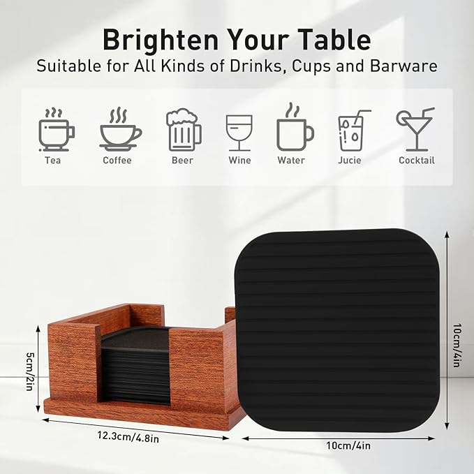 Lexenic Sleek Absorbent Coasters for Drinks with Solid Acacia Wood Holder, Silicone Cup Mat with Removable Felt Insert, Non-Slip, Non-Stick, Gift for Coffee Table Kitchen Decor, 6PCS (Black)