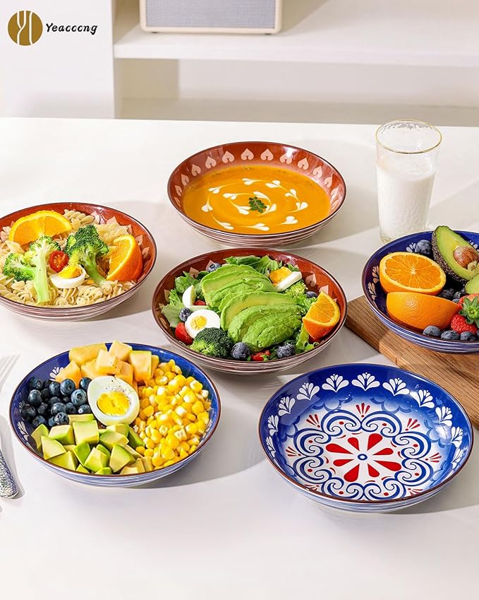 Yeacccng Pasta Bowls Set of 6, 35 Oz Ceramic Large Salad Bowl, 8.5 Inch Colorful Serving Bowls for Kitchen, Dishwasher & Microwave Safe, Scratch-Resistant, Lead-Free (Brown*6)