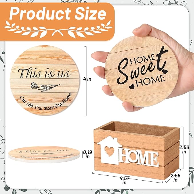 Billbotk House Warming Gifts for Home Decoration, Wood Farmhouse Coasters Set of 8, Drink Coasters for Housewarming Gifts, Coffee Table Decor, Home Decor