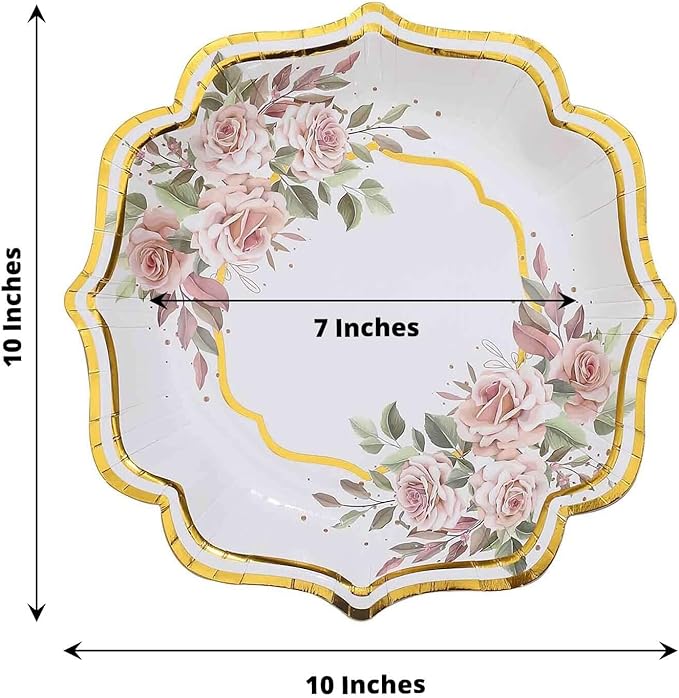 50 Pack 10" White/Gold Floral Print Scallop Rim Dinner Plates, Disposable Round Paper Party Plates 300 GSM for Festive Table Decoration