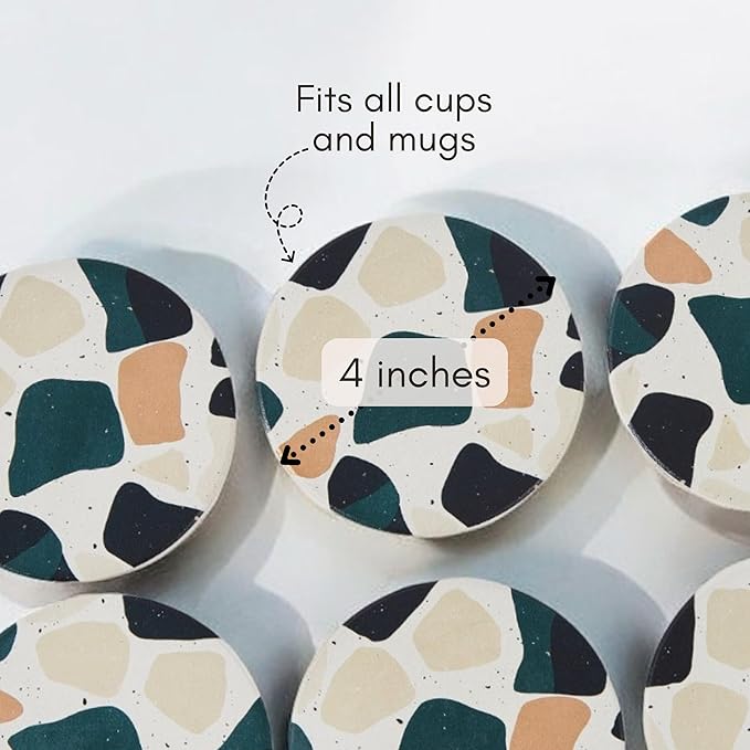 Terrazzo Coasters Set of 6, Ceramic Absorbent Drink Coasters, Cute Moisture Absorbing Coaster, Coffee Table Desk Decor, Colorful Stone Coaster for Drinks (Midnight)