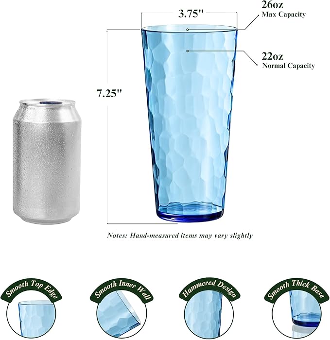 26oz Blue Acrylic Glasses Drinkware (Set of 6), Hammered Design Shatter-Proof Plastic Cups, Reusable Large Drinking Tumblers, Stackable, BPA-Free, Dishwasher-Safe (Blue)