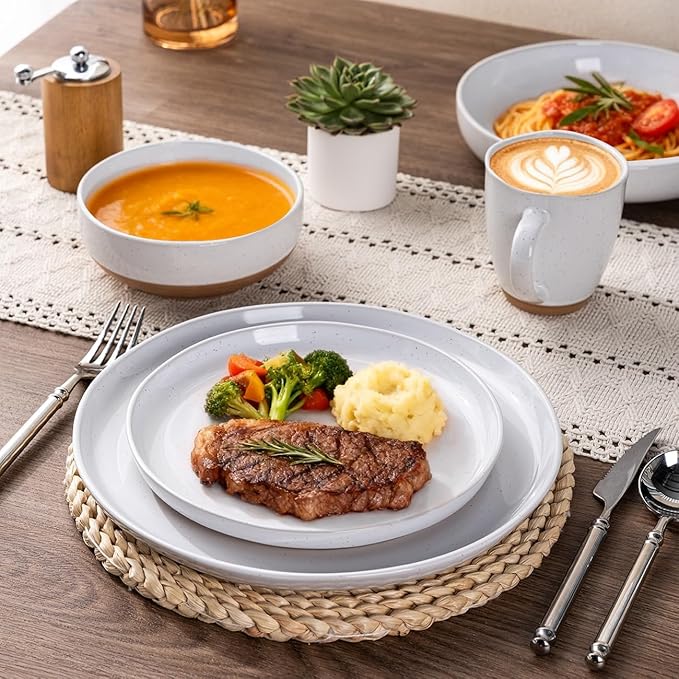 AmorArc Ceramic Dinnerware Sets with Pasta Bowls for 8, Handpainted Plates and Bowls Set with Rustic Terracotta Underside, Scratch Resistant Dishes Set, Dishwasher & Microwave Safe, 32 Pcs