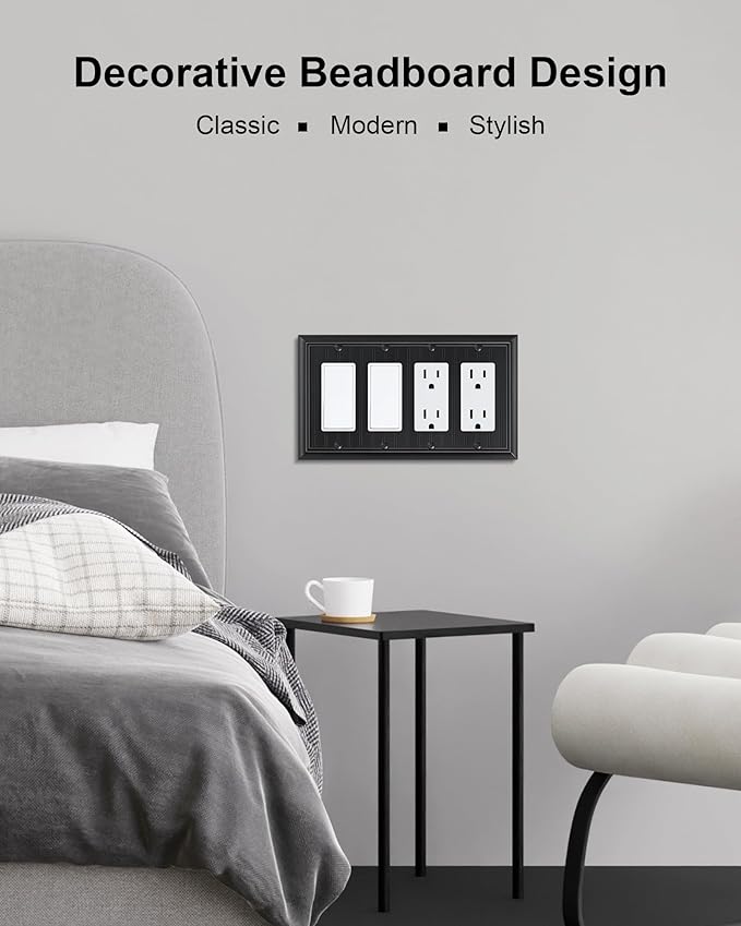 2-Pack Classic Beadboard Double Duplex Outlet Cover, Matte Black Decorative Switch Plates and Outlet Covers for Electrical Outlets, Durable Natural Bamboo Fiber Wall Plates, 2 Gang Receptacle Cover