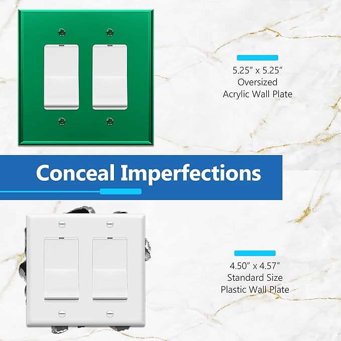 LIDER Double Decorator Wall Plate, Impact Resistant, Mirrored, Plexiglass Dual Outlet Cover or Light Switch Cover, Acrylic, Reflective Finish, Modern, Oversized 2-Gang 5.25" x 5.25", Green, 5 Pack