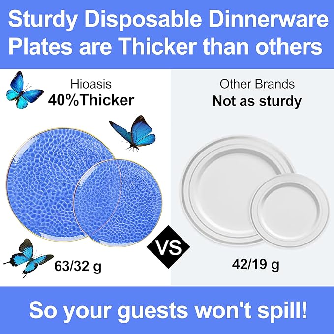 Hioasis 60pcs Blue Plastic Plates - Gold Rimmed Disposable, Hammered, Heavy-duty Dinnerware Set Suitable for 30 Guests, 10.25" Dinner & 7.5" Dessert Plates for Party & Wedding