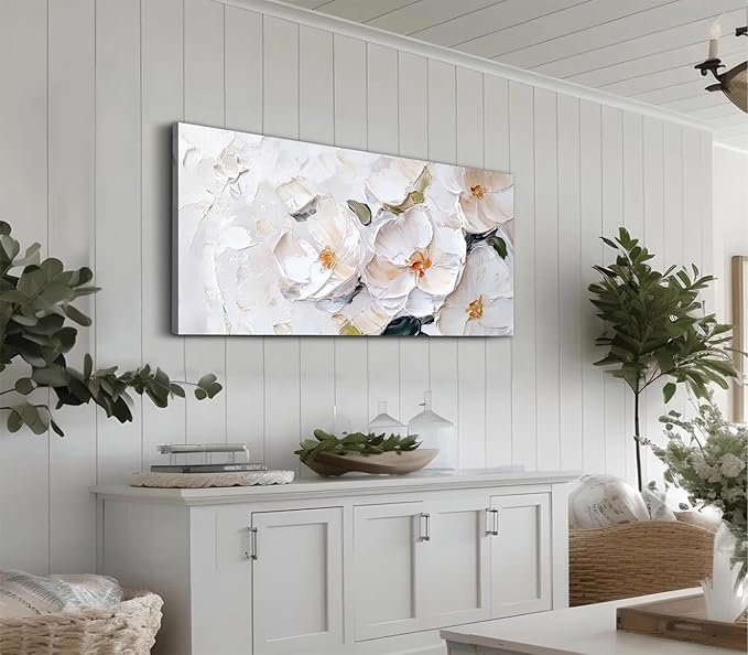 ADJUVANT Wall Art Impressionist Minimalist White Floral 60"L x 30"W, White Flowers With Subtle Tones Canvas Painting Delicate Petals Artwork Floral Wall Decor for Living Room Bedroom Bathroom Home Office
