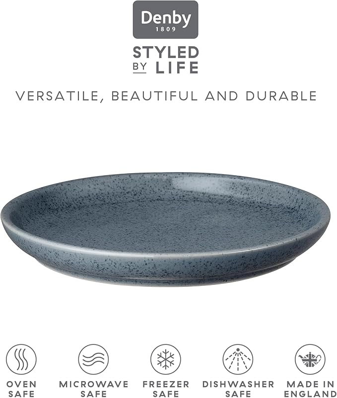 Denby - Dark Gray Speckle Medium Plates Set of 6 - Gray Reactive Glaze Patterned - Dishwasher, Microwave Safe Crockery 8.25" - Ceramic Stoneware Tableware - Chip & Crack Resistant