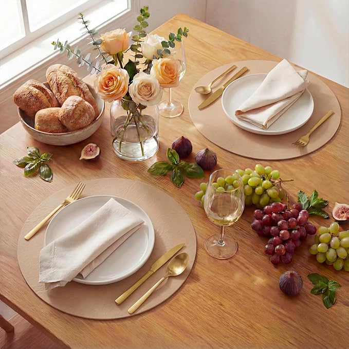 Artoid Mode Pink Faux Leather Placemats Set of 4, 15 Inch Waterproof Wipeable Heat Resistant Vinyl Place Mats, Reversible Table Mats for Spring Kitchen Dining Decor