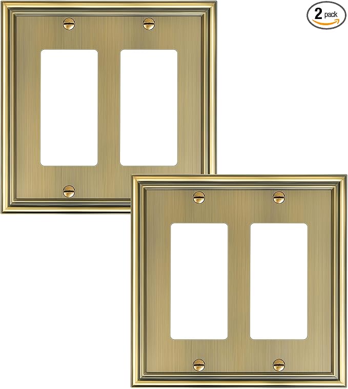 2-Pack Decorative Double Decorator Outlet Cover Plate, Durable Zinc Alloy Antique Brass Wall Plates for Electrical Outlets, Receptacle, GFCI Outlet, Dimmer Switch, 2-Gang, Corrosion Resistant