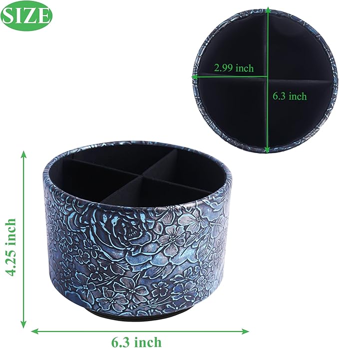 Round Leather Art Supply Organizer,Remote Control Holder,360 Degree Spinning,Multi-Functional Pencil Holder,4 Compartments Desktop Stationary Organizer(1-Rich Flower Blue)