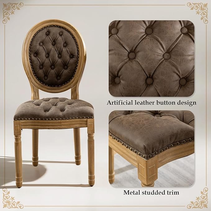 SoarFlash French Dining Chairs Set of 2, Vantage Dining Chair with Round Back, Wood Leg Farmhouse Country PU Leather Dining Chair for Kitchen,Bedroom,Brown
