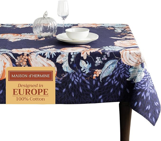 Maison d' Hermine Table Cloth Rectangle Table 100% Cotton 70 x 108 Inches Fall Tablecloth Reusable Everyday Use for Thanksgiving Christmas Decorations Dining Farmhouse Party (Pumpkin Blues)