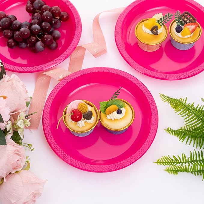 WELLIFE Hot Pink Party Plates 7 Inch -150 Count, Plastic Disposable Dessert Plates for Party Valentine's Day Cake Appetizers Salad Baby Shower Wedding