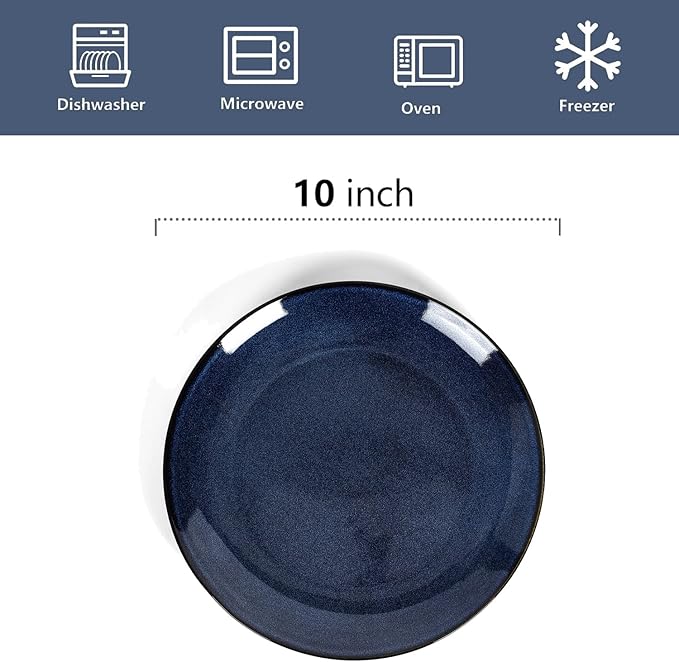 vicrays Ceramic Round Plates Set of 6 - Porcelain 10 inch Dinner Plates for Salad Dessert Appetizer Bread - Microwave Oven and Dishwasher Safe - Blue