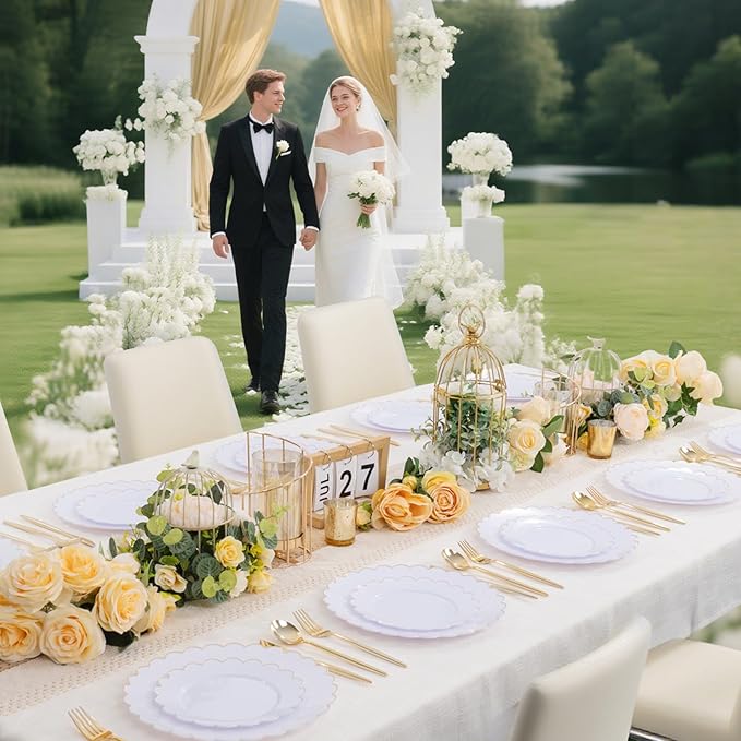 LIYH 120 Pcs White Plastic Scalloped Plates - Gold Fancy Disposable Plastic Plates Includes 60 Dinner 10.25" & 60 Dessert Plate 7.5" Elegant Gold Rim for Party Birthday Valentines Day