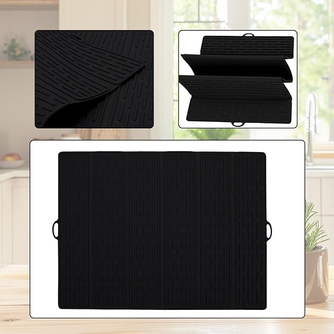 Klyrnd Silicone Dish Drying Mat - Extral Large 20.8" x 15.7" - Heat Resistant Silicone Trivet, Countertop Mat, Dish Draining Mat, Sink Mat, Easy to Clean Foldable Non Slip Dry Pad (Black)