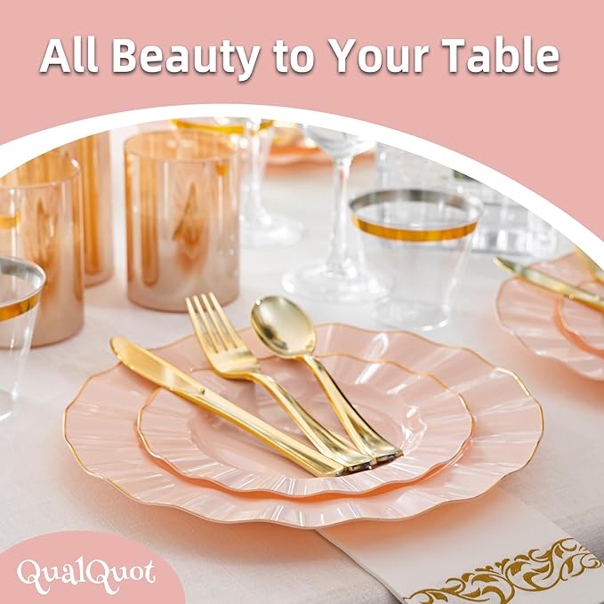 72PCS Pink Plastic Plates, Heavy Duty Disposable Party Plates with Gold Rim, 36 Dinner and 36 Dessert for Parties and Wedding