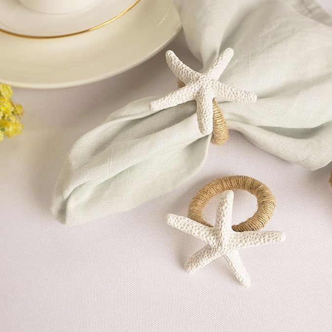 Starfish Napkin Rings Set of 6, White Sea Star Napkin Ring Holders for Crafts, Beach, Dinner Party, Wedding, Theme Party, Banquet, Nautical, Coastal Table Decor