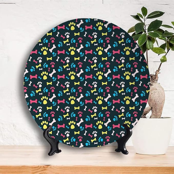 Decorative Plates, Dog Lover Print Ornament, Cool Canine Elements Paw Marks and Bones, 6 Inch, Kitchen Wall Decor, Multicolor