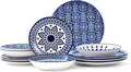 Bestone Porcelain Dinnerware Sets Service for 4, 12 pcs Hand drawn Plates and Bowls Sets, Handmade Ceramic Dish Set, Chip Resistant Modern Plate Set, Dishwasher/Microwave Safe，Vintage Blue