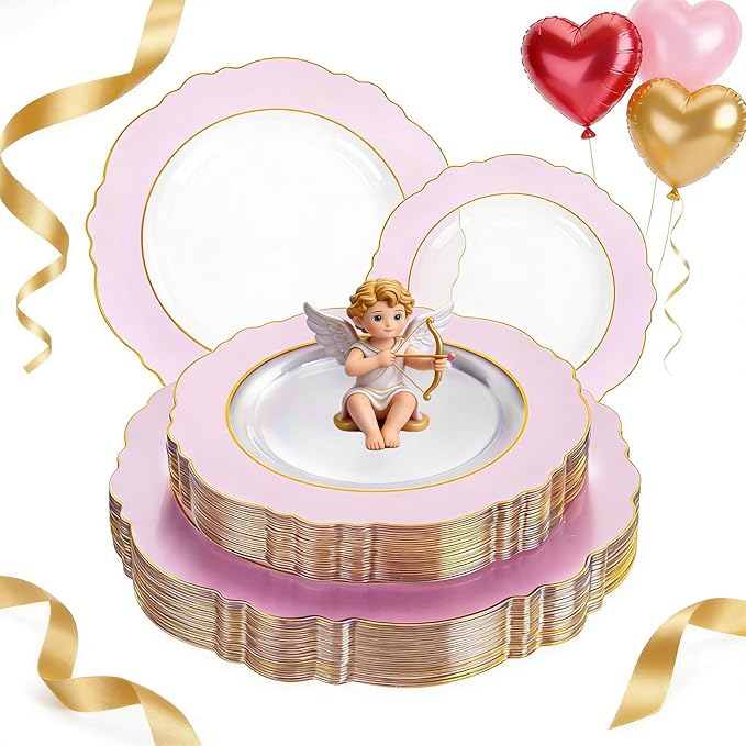 WDF 60Pcs Pink Plates Disposable with Gold Rim - Baroque Clear Pink and Gold Plastic Party Plates Ideal for Wedding, Valentine's Day