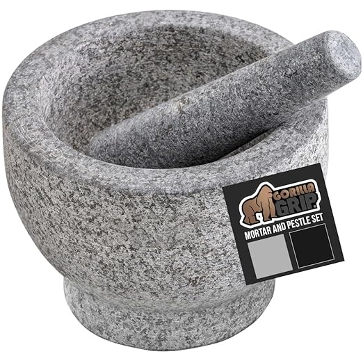 GORILLA GRIP Heavy Duty XL Mortar and Pestle Set with Slip Resistant Base, 4 Cup, 100% Granite Stone Molcajete Guacamole Bowl, Grind Seeds, Spices, Crush Garlic, Kitchen Muddler for Fresh Herbs, Gray