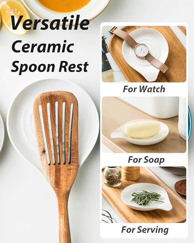 LAUCHUH Spoon Rest for Kitchen Countertop, 5 inch Ceramic Spoon Holder for Stove Top,Large Cooking Utensil Holder for Spatula, Spoons or Tongs, Framhouse Decor, White